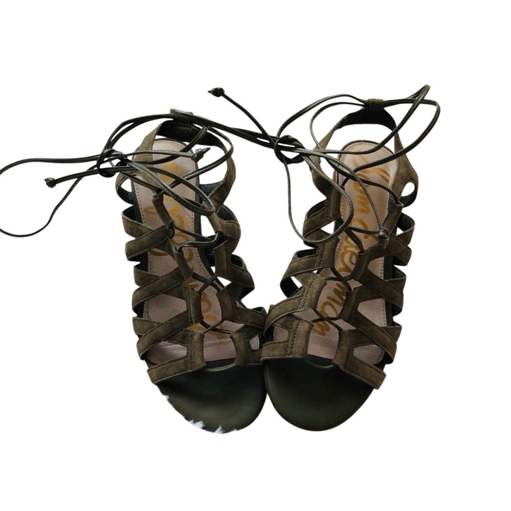 Sam Edelman Strappy Lace-Up Block Heel Sandals Olive Green Suede‎ Size 8